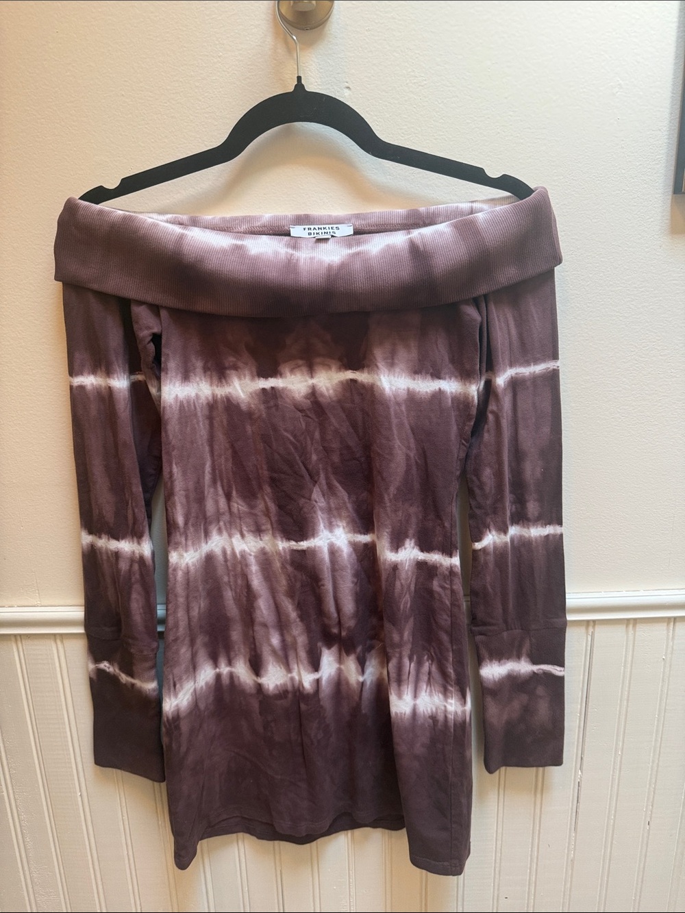 Frankie's Bikinis Mauve and White Tie-Dye Off-Shoulder Mini Dress